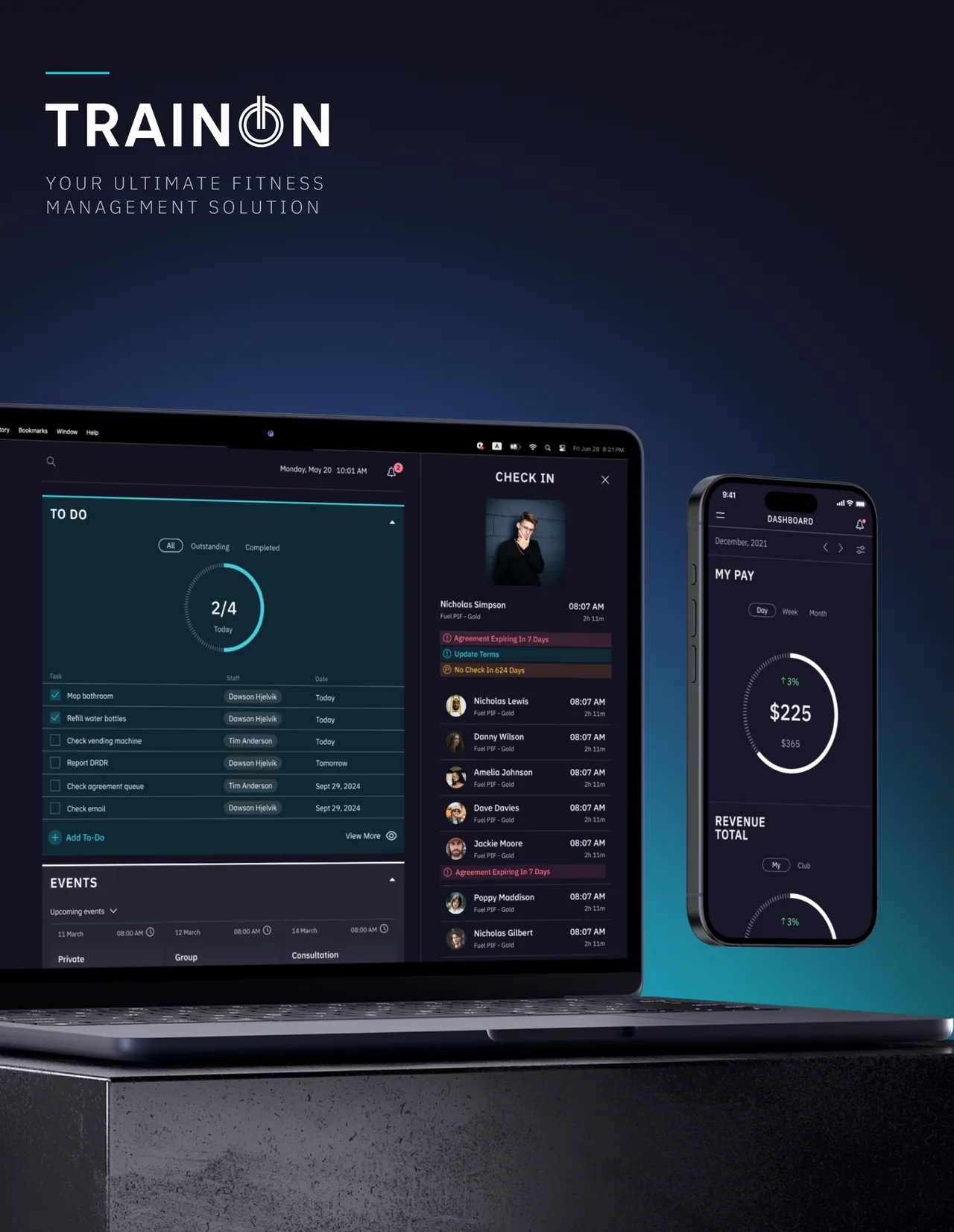 TRAIN ON: the desktop dashboard on a laptop beside the trainer pay screen on a phone