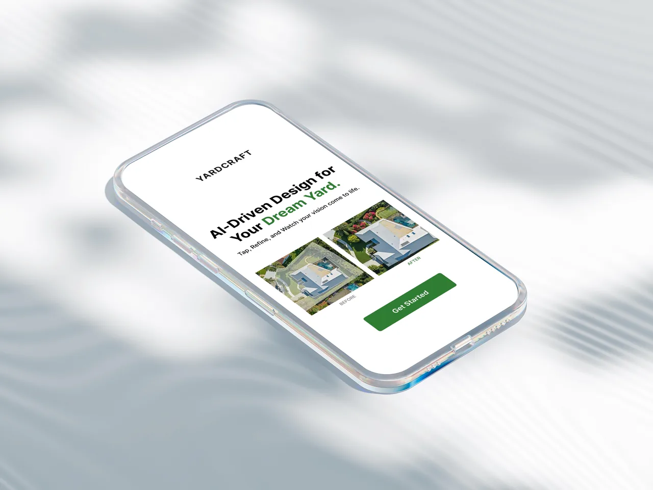 The Yardcraft home screen on a phone lying on a pale surface: AI-driven design for your dream yard, with a before and after of the same property